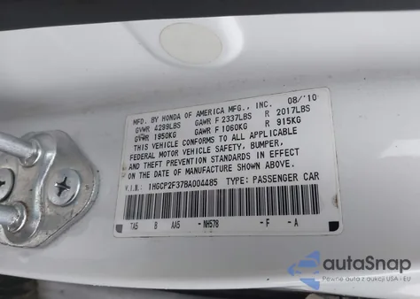 2011 Honda Accord 2.4 Lx из США, поврежденный, VIN 1HGCP2F37BA004485